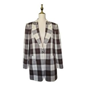 Jones New York Plaid Blazer Jacket Brown Neutral Lined Shoulder Pads‎ NWT 10
